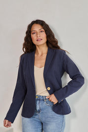 Model Tahneei wearing size 10 of the Cotton Linen Blazer - Navy in colour Navy, in a cropped view