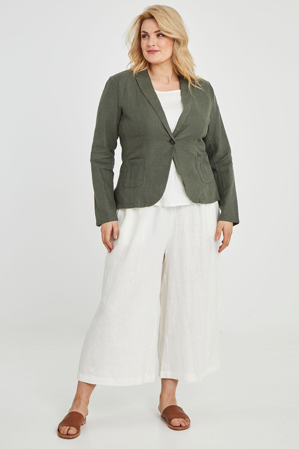 Preloved Cotton Linen Blazer - Olive
