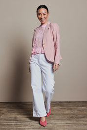 Model Katie wearing size 8 of the Cotton Linen Blazer in colour Softblush (Pink), from the front, showing the whole outfit