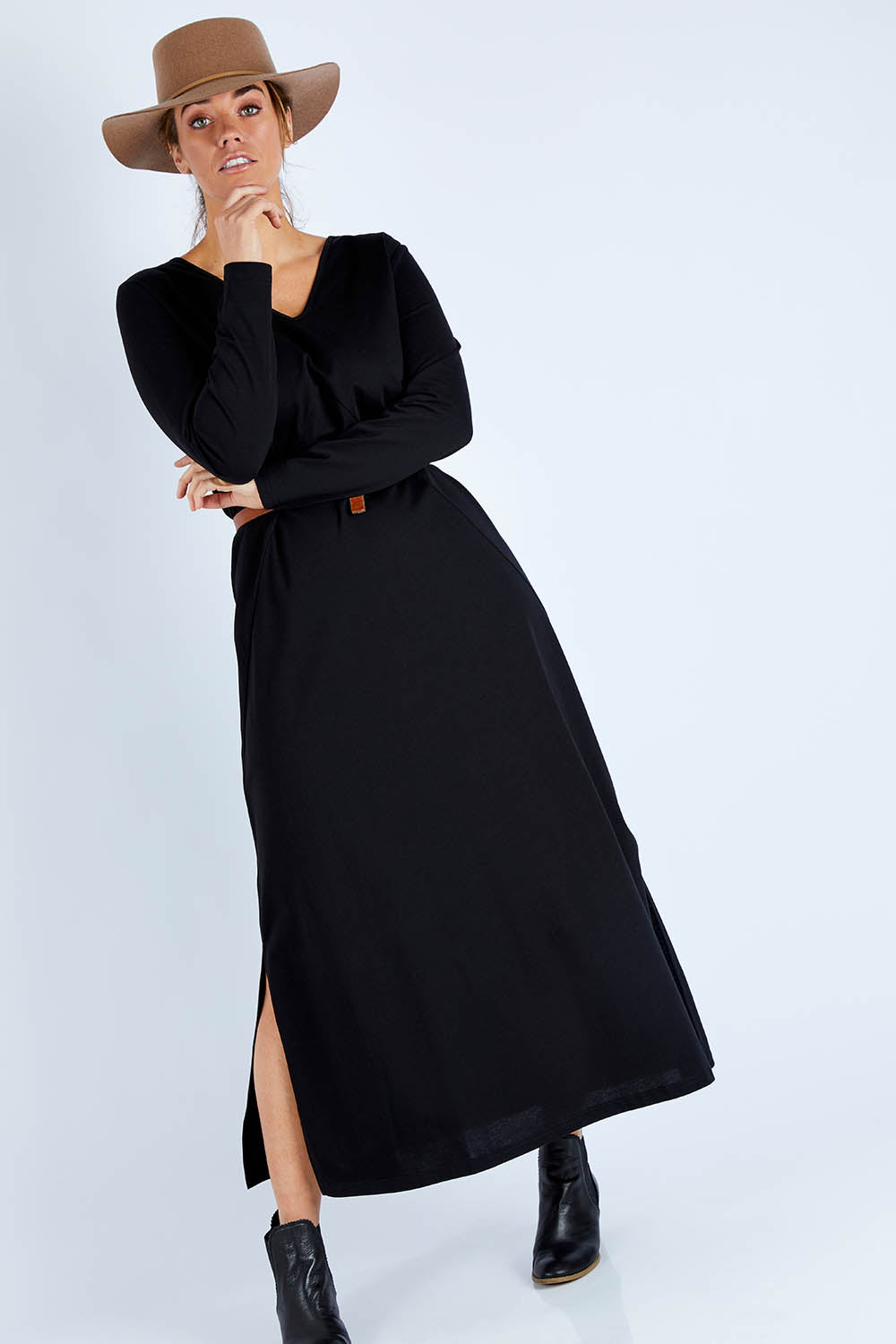 Model Laura wearing size 14 of the Cotton Stretch Maxi Dress in colour Moonless (Black), from the front, showing the whole outfit