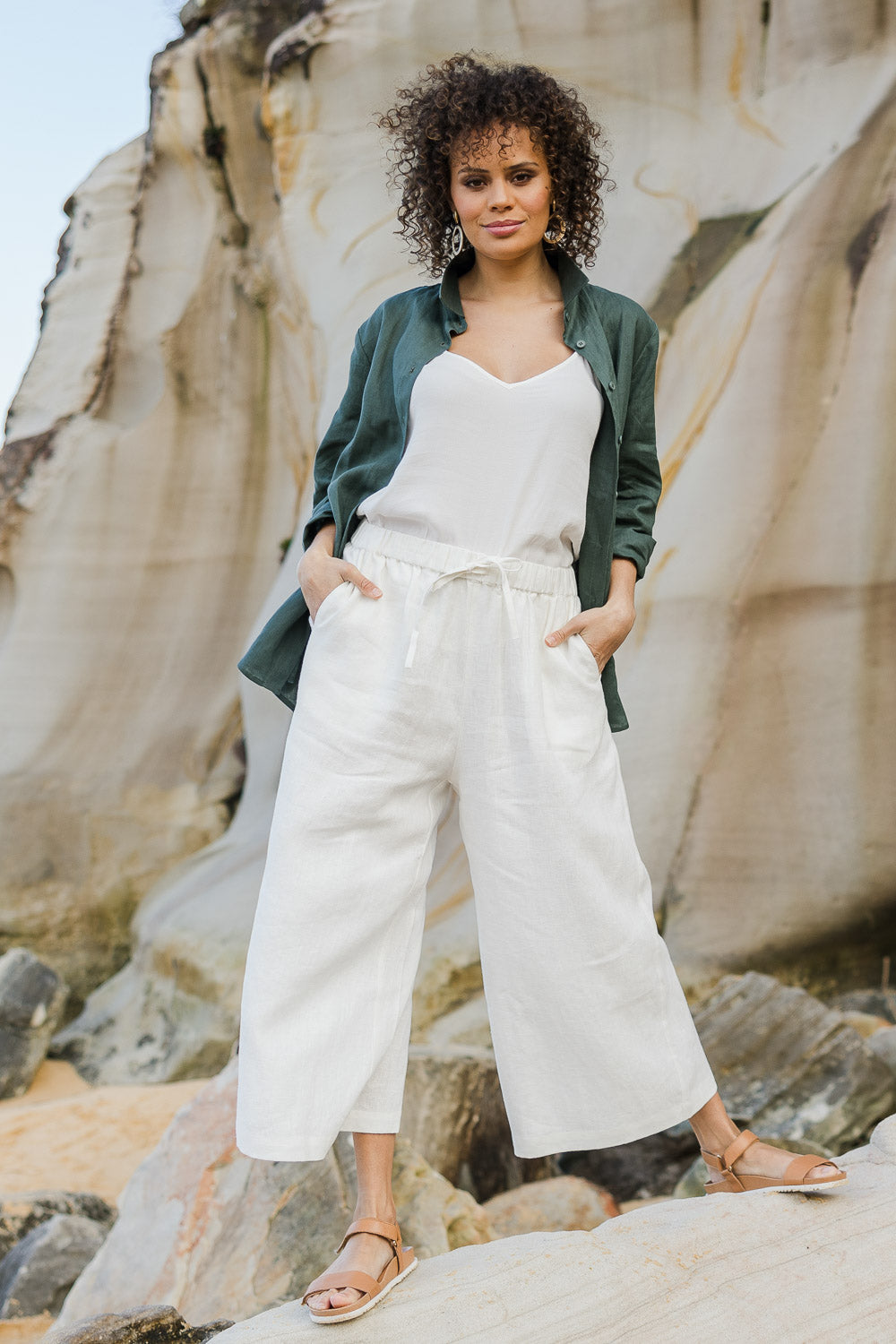 Model Lala wearing size 10 of the Linen Drawstring Pants in colour White (White), from the front, showing the whole outfit