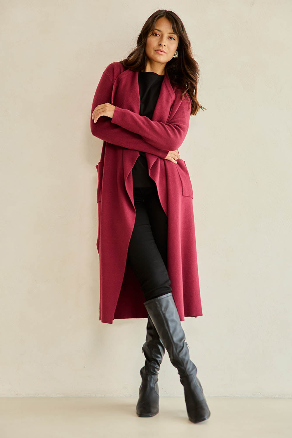 Cotton Cashmere Waterfall Cardigan – Berry