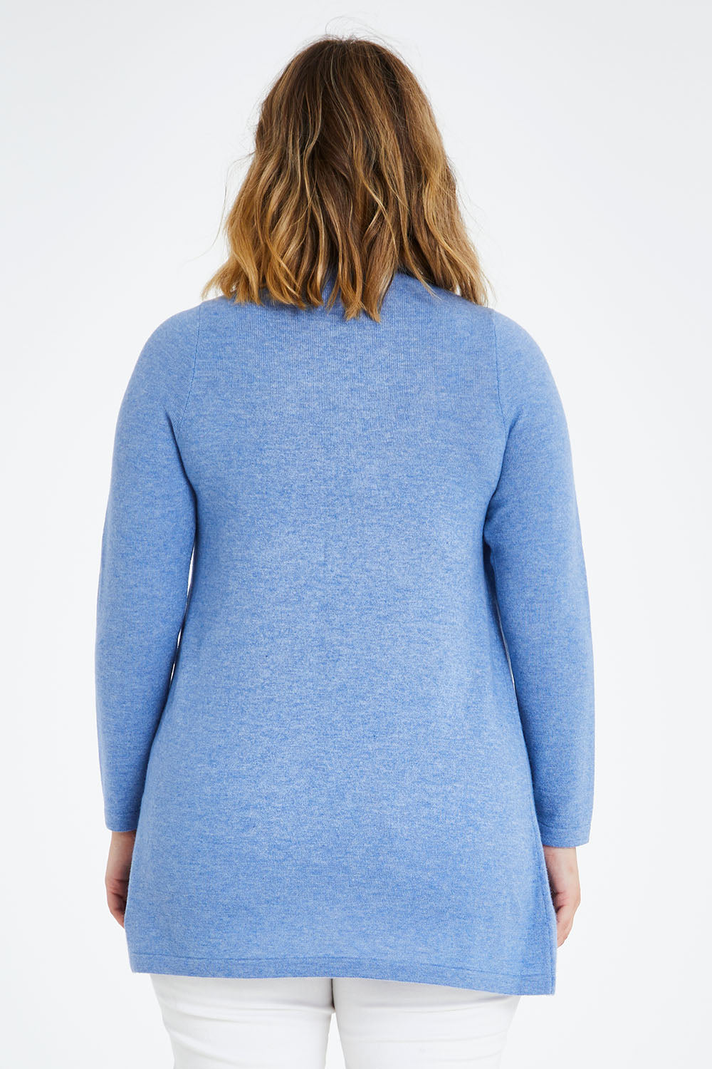 Model Jess wearing size L of the Wool Cashmere Crossover Tunic in colour Bluemarl (Blue), from the back