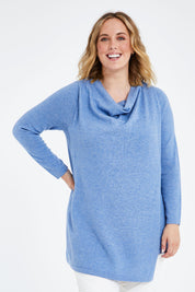 Model Jess wearing size L of the Wool Cashmere Crossover Tunic in colour Bluemarl (Blue), from the front, cropped image