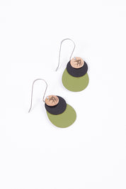 A model wearing size OneSize of the Double Drop Circle Earring in colour Olive (Green), from the front, showing the whole outfit