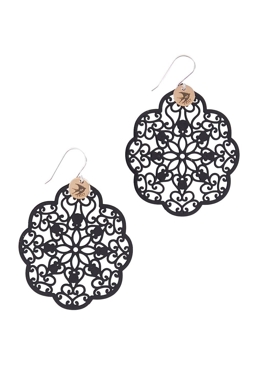 Product shot of the Filigree Earring in colour Black (Black), from the front