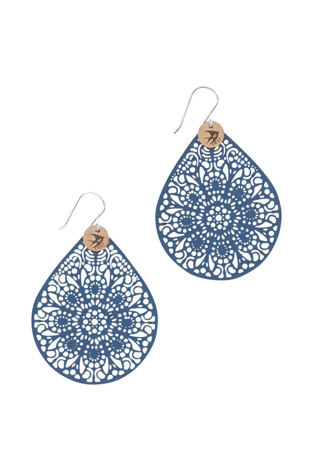 Product shot of the Filigree Earring in colour Denim (Blue), from the front