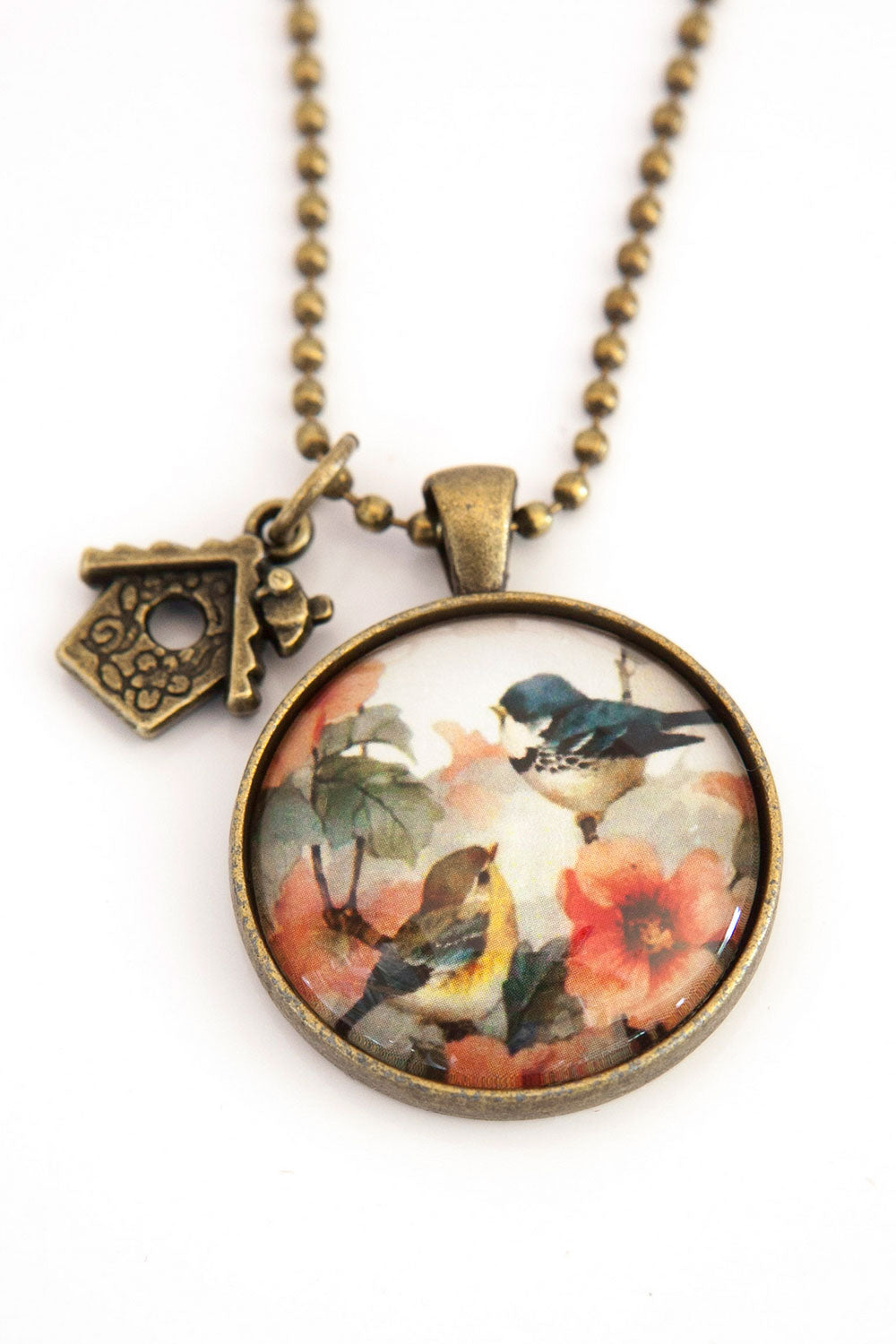 Product shot of the Vintage Bird Pendant w Birdhouse Charm in colour PinkMulti (Pink), detail