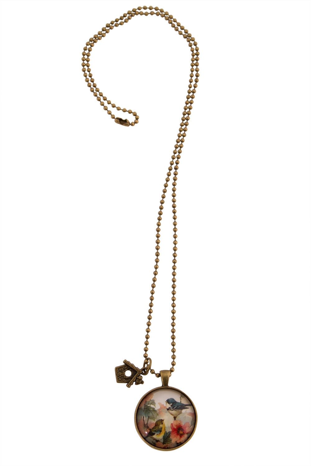 Product shot of the Vintage Bird Pendant w Birdhouse Charm in colour PinkMulti (Pink), from the front
