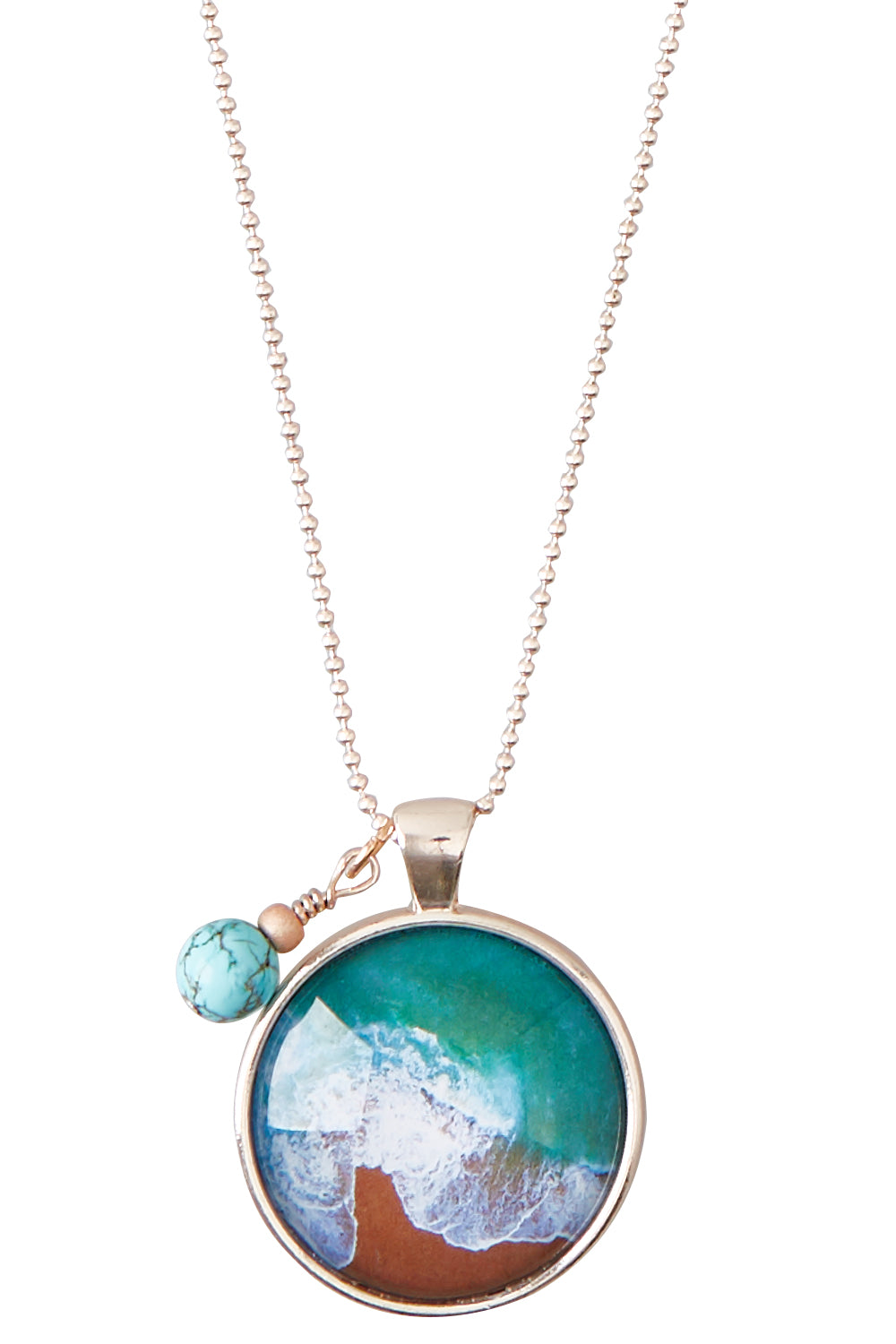 Product shot of the Sapphire Coast Pendant With Turquoise Magnesite Necklace in colour Metallic (Metallics), detail