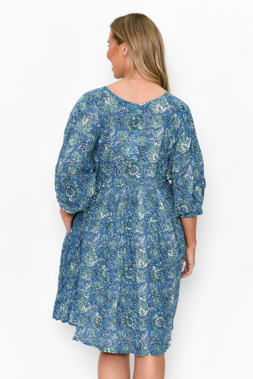 Preloved Frida Cotton Boho Dress - Blue
