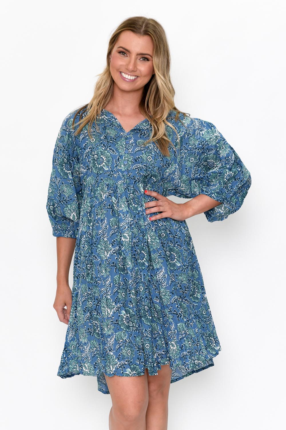 Preloved Frida Cotton Boho Dress - Blue