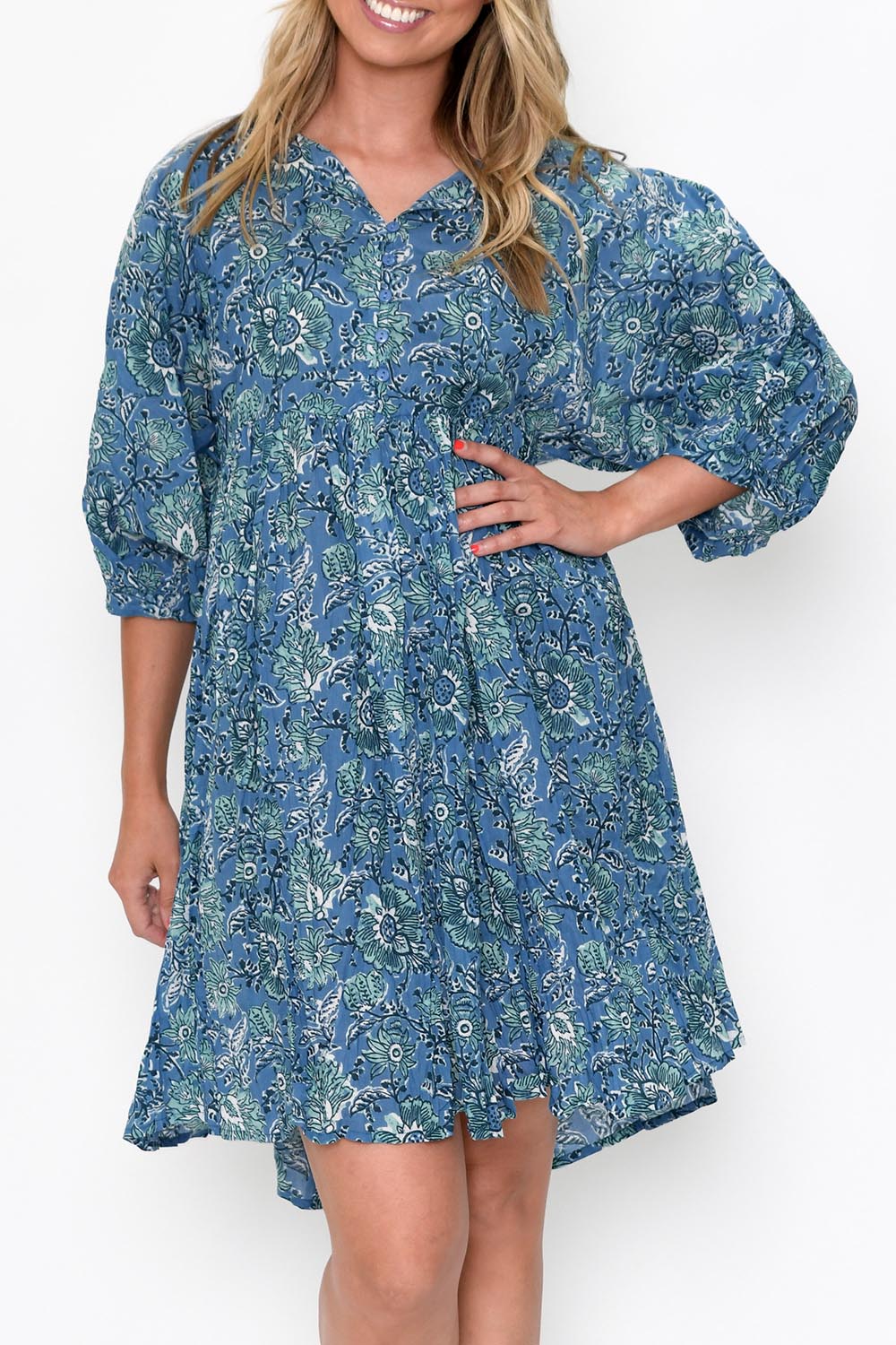 Preloved Frida Cotton Boho Dress - Blue