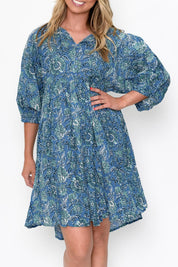 Preloved Frida Cotton Boho Dress - Blue