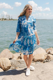 Model Genericm wearing size sample of the Beth Tiered Cotton Dress - Monosea in colour Monosea, from the front