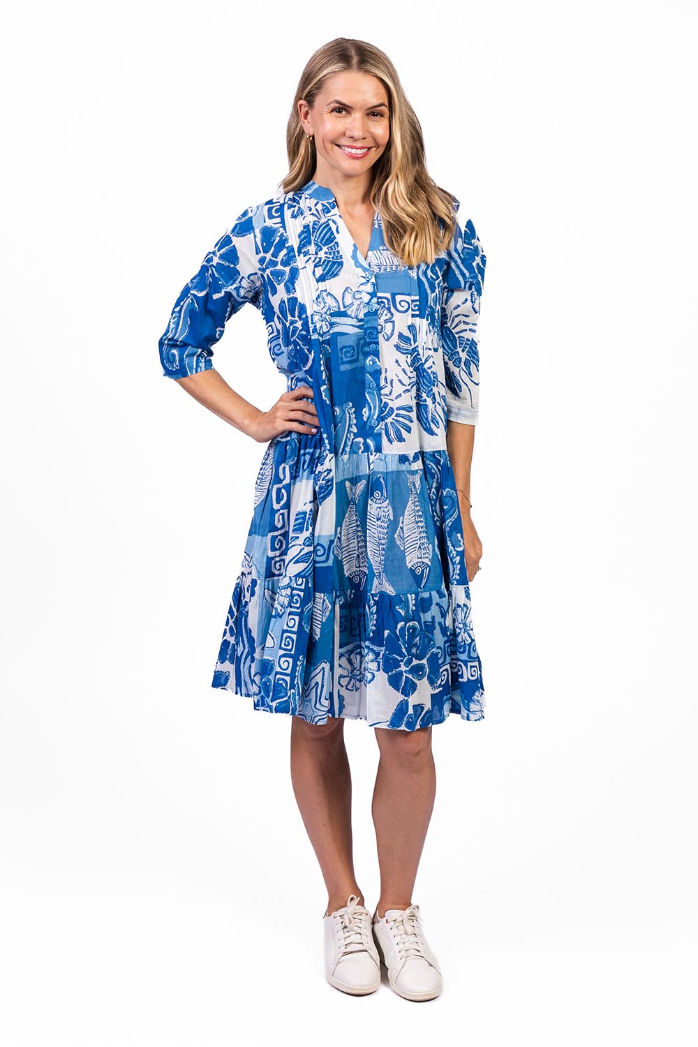 Model Genericm wearing size sample of the Beth Tiered Cotton Dress - Monosea in colour Monosea, from the front