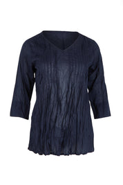 Product shot of the Evie 3/4 Sleeve Pleated Cotton Top in colour Navy (Blue), from the front