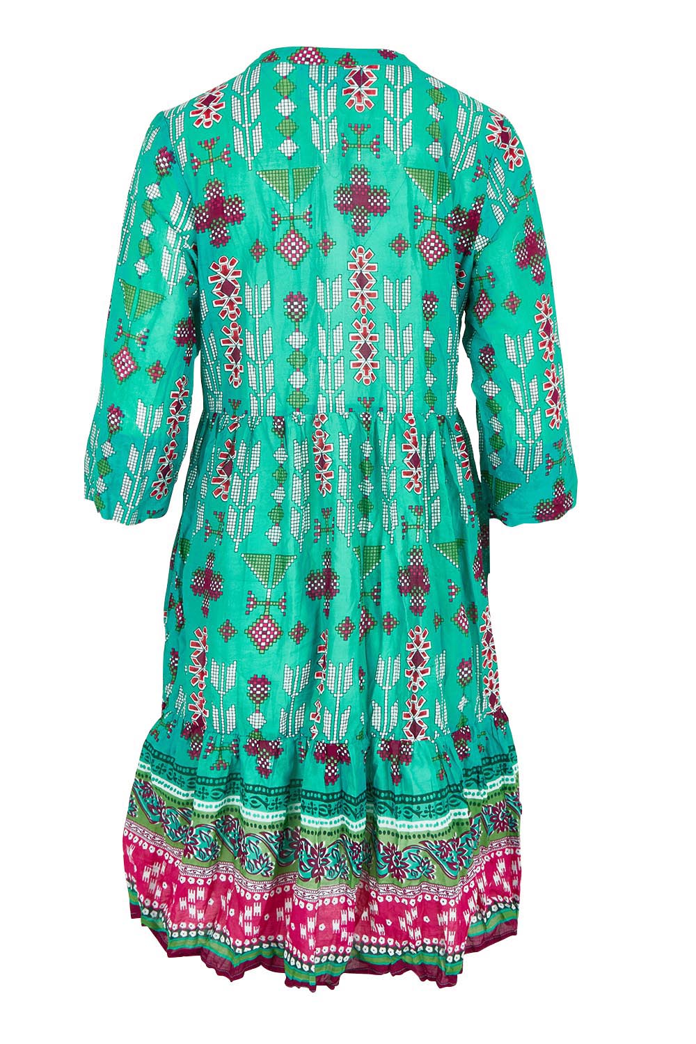 Product shot of the Border Cotton Dress in colour Aztec1 (Green), from the back