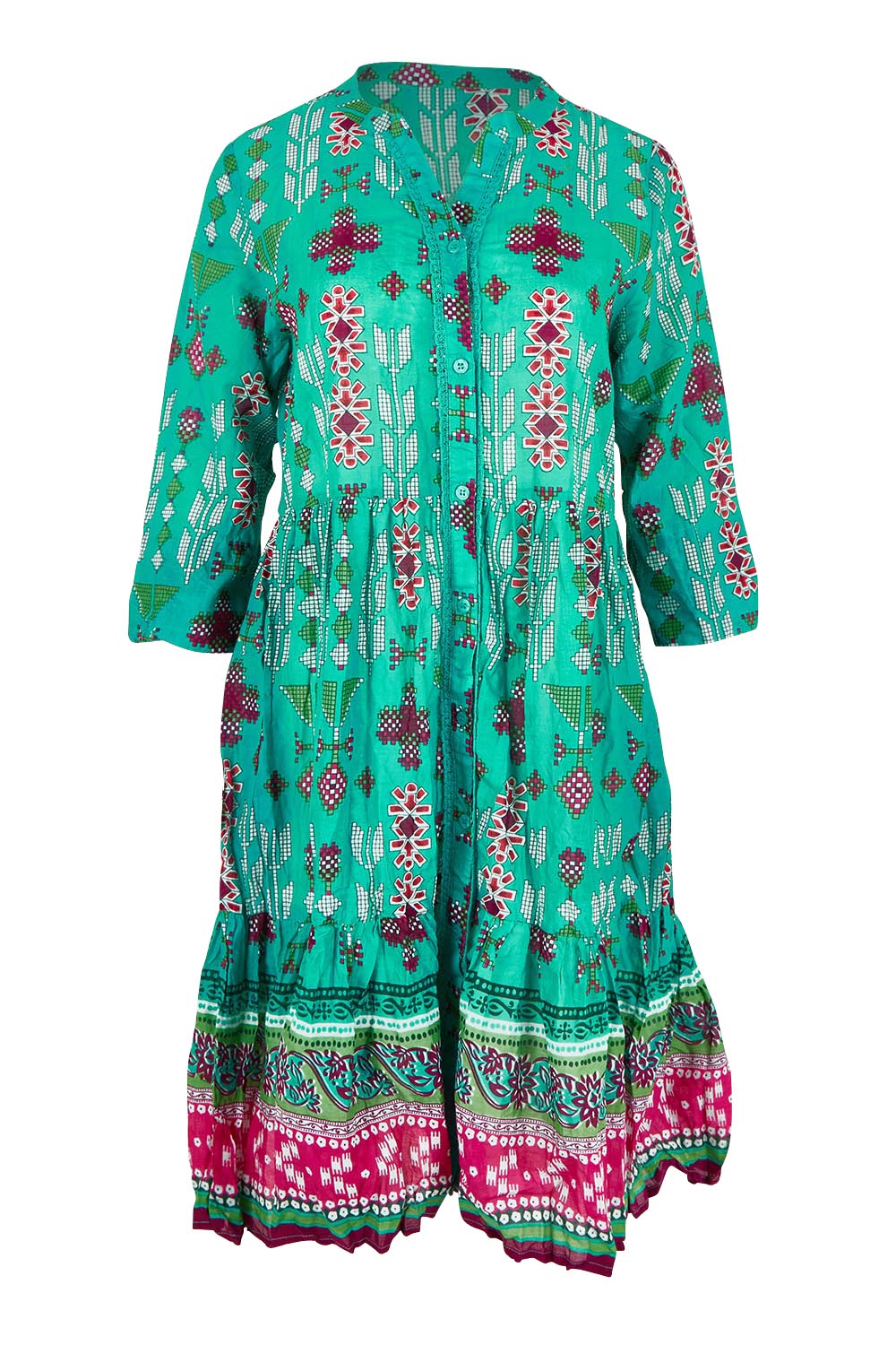 Product shot of the Border Cotton Dress in colour Aztec1 (Green), from the front