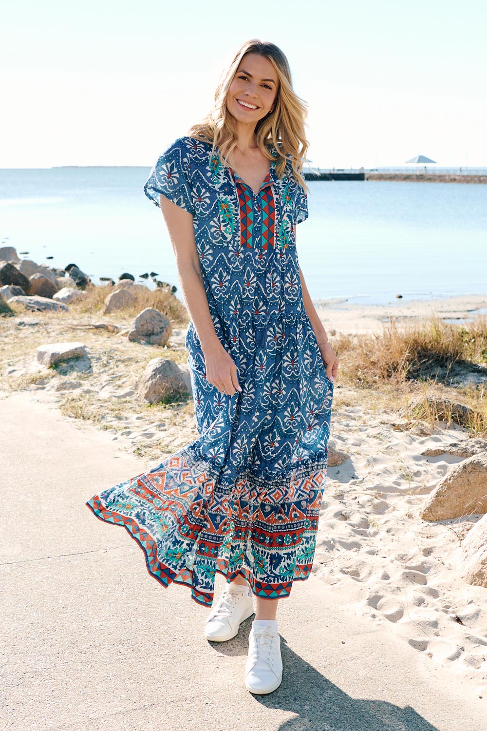 Model Genericm wearing size sample of the Zola Cotton Maxi Dress - Gujrat in colour Gujrat, from the front