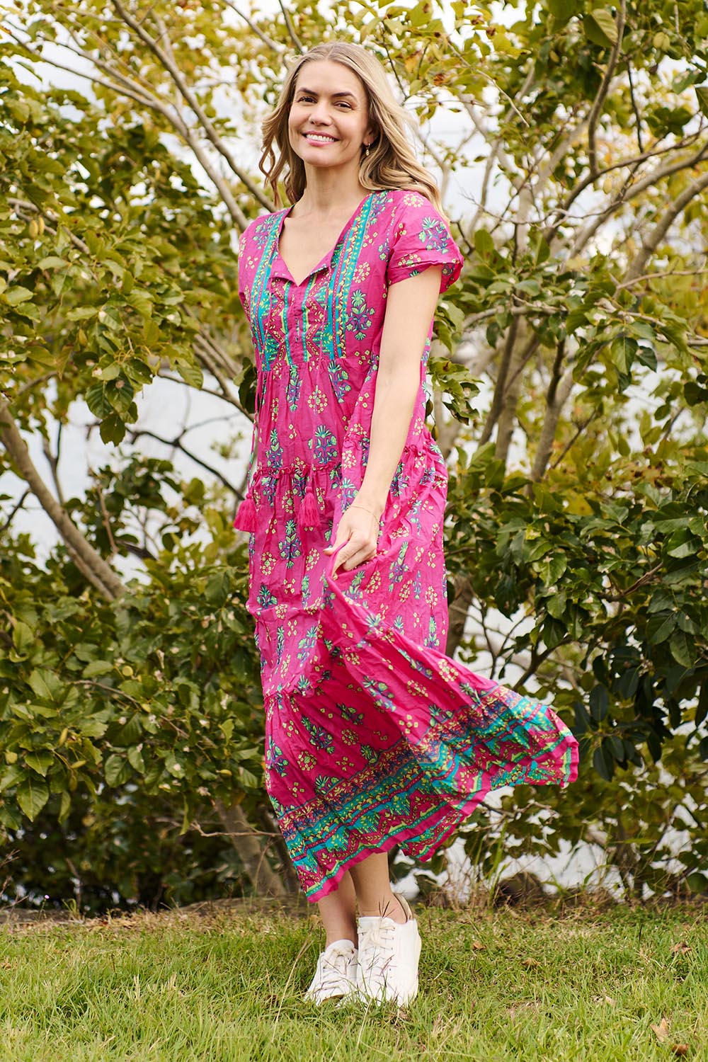 Model Genericm wearing size sample of the Zola Cotton Maxi Dress - Fuchsia in colour Fuchsia, from the front