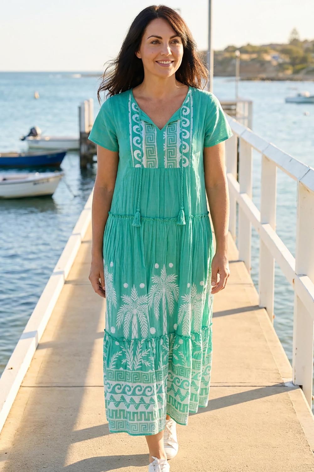Model Genericm wearing size sample of the Zola Cotton Maxi Dress - Jade in colour Jade, from the front