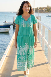 Model Genericm wearing size sample of the Zola Cotton Maxi Dress - Jade in colour Jade, from the front