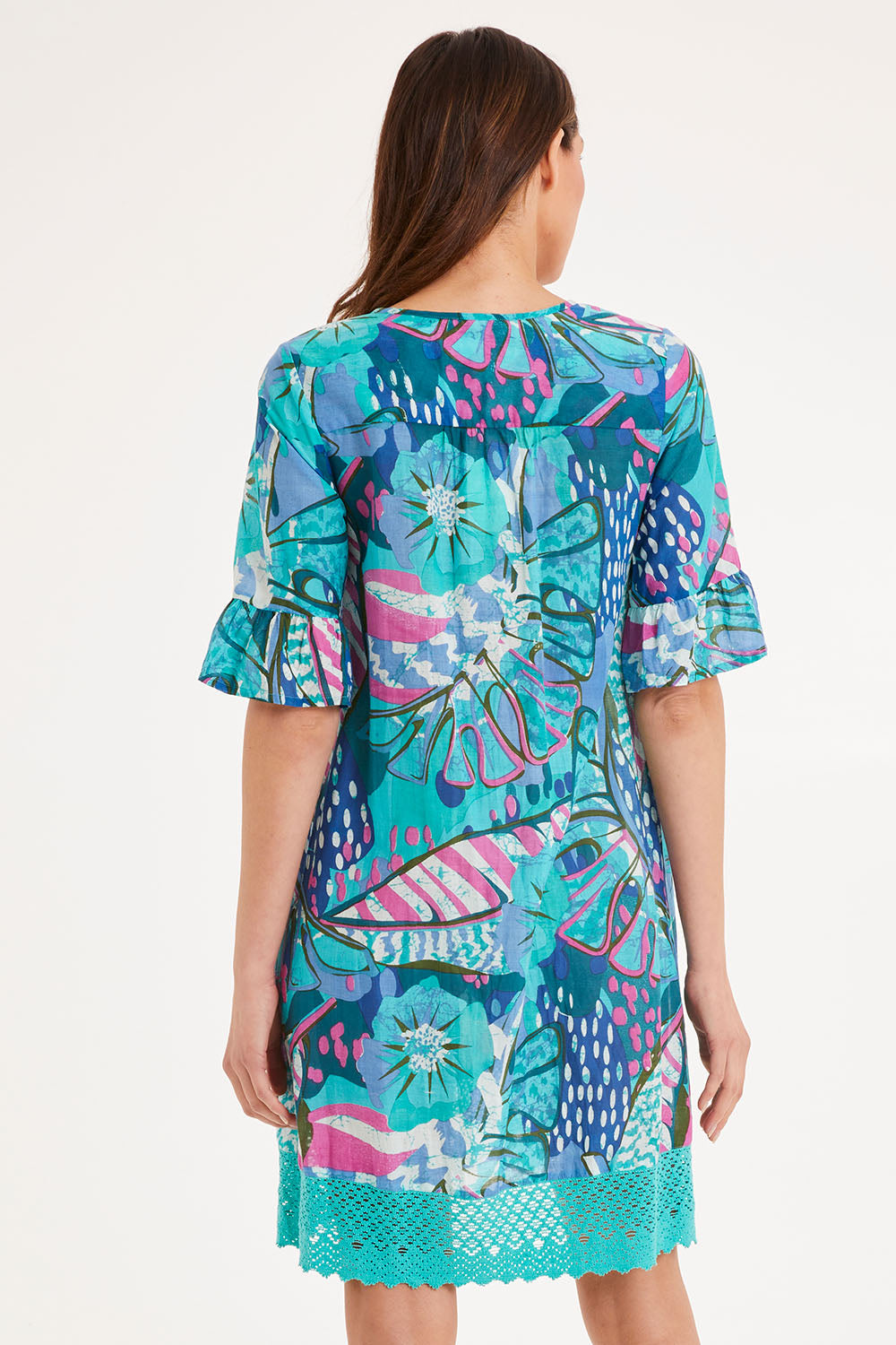 Model Madeline wearing size 10 of the Hannah Short Sleeve Boho Dress in colour Print1 (Blue), from the back