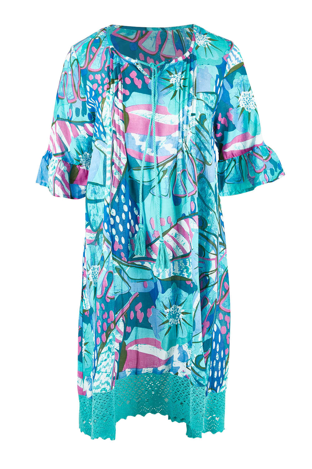 Product shot of the Hannah Short Sleeve Boho Dress in colour Print1 (Blue), from the front