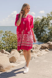 Model Genericm wearing size sample of the Hannah Cotton Dress - Pink in colour Pink, from the front