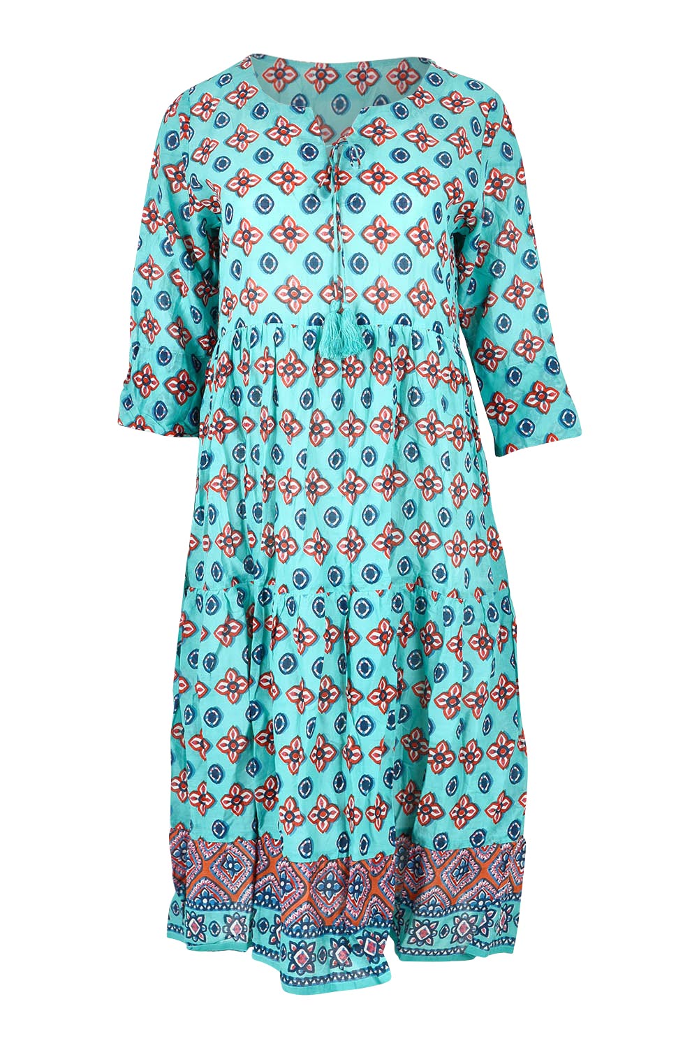 Product shot of the Rebecca Cotton Tie Neck Dress in colour Diamond1 (Blue), from the front