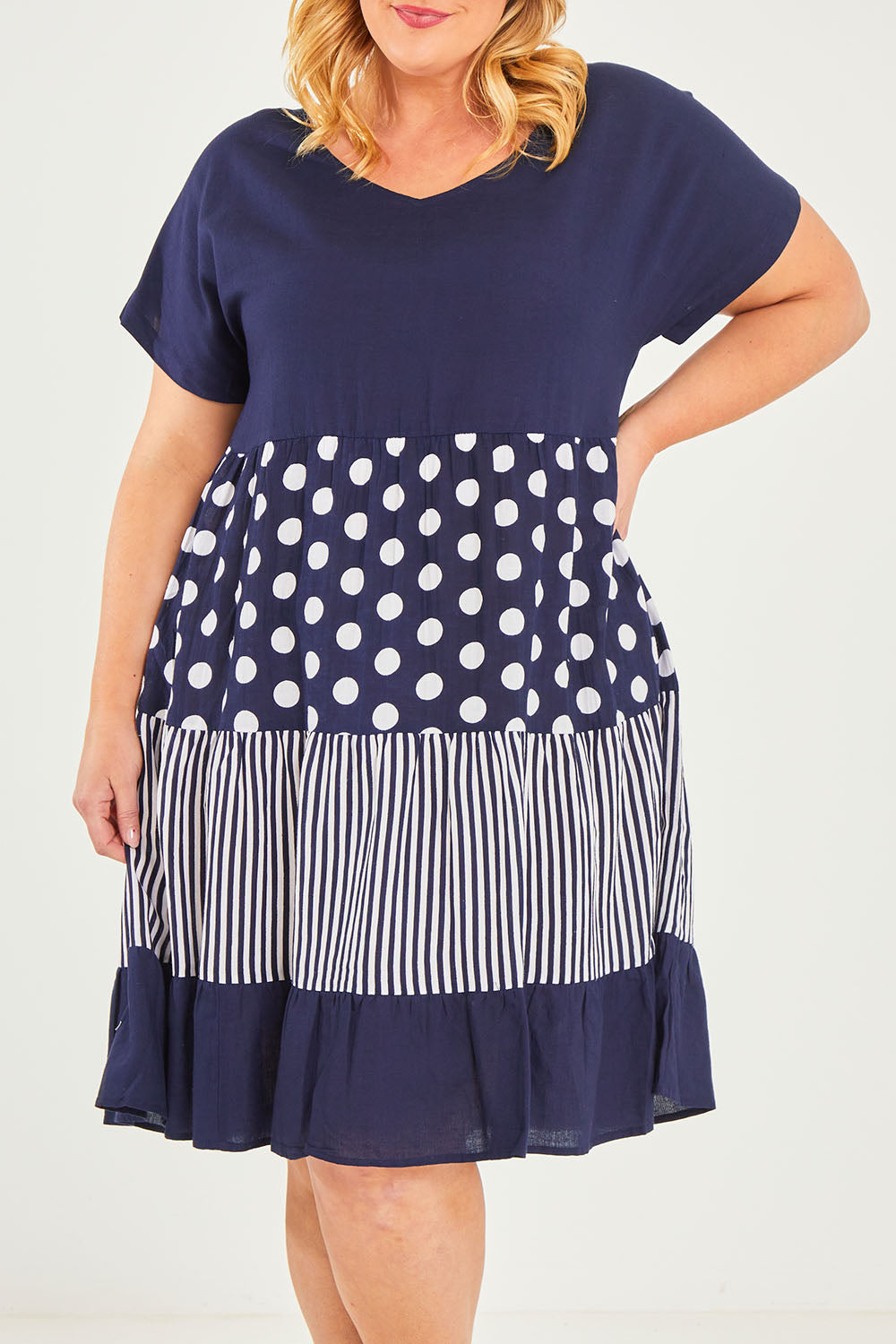 Model Caitlin wearing size 18 of the Nadia V Neck Linen Dress in colour Navy (Blue), from the front, cropped image