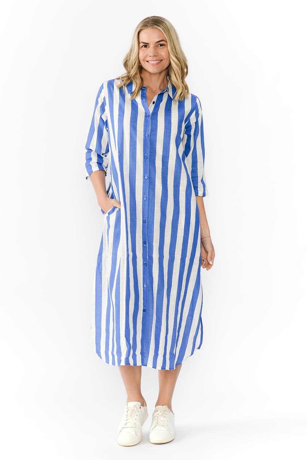 Model Genericm wearing size sample of the Sofia Cotton Shirt Dress - Blue in colour Blue, from the front
