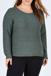 Model Sophie wearing the Geena Xo L/s Pullover Knit in colour BalsamGree (Green), from the front, cropped image