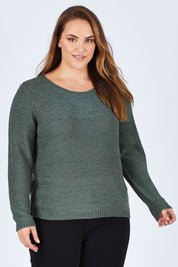 Model Sophie wearing the Geena Xo L/s Pullover Knit in colour BalsamGree (Green), from the front, cropped image