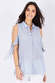 Model Georgia wearing size S of the Cooks Shirt in colour Stripes (White), from the front, cropped image
