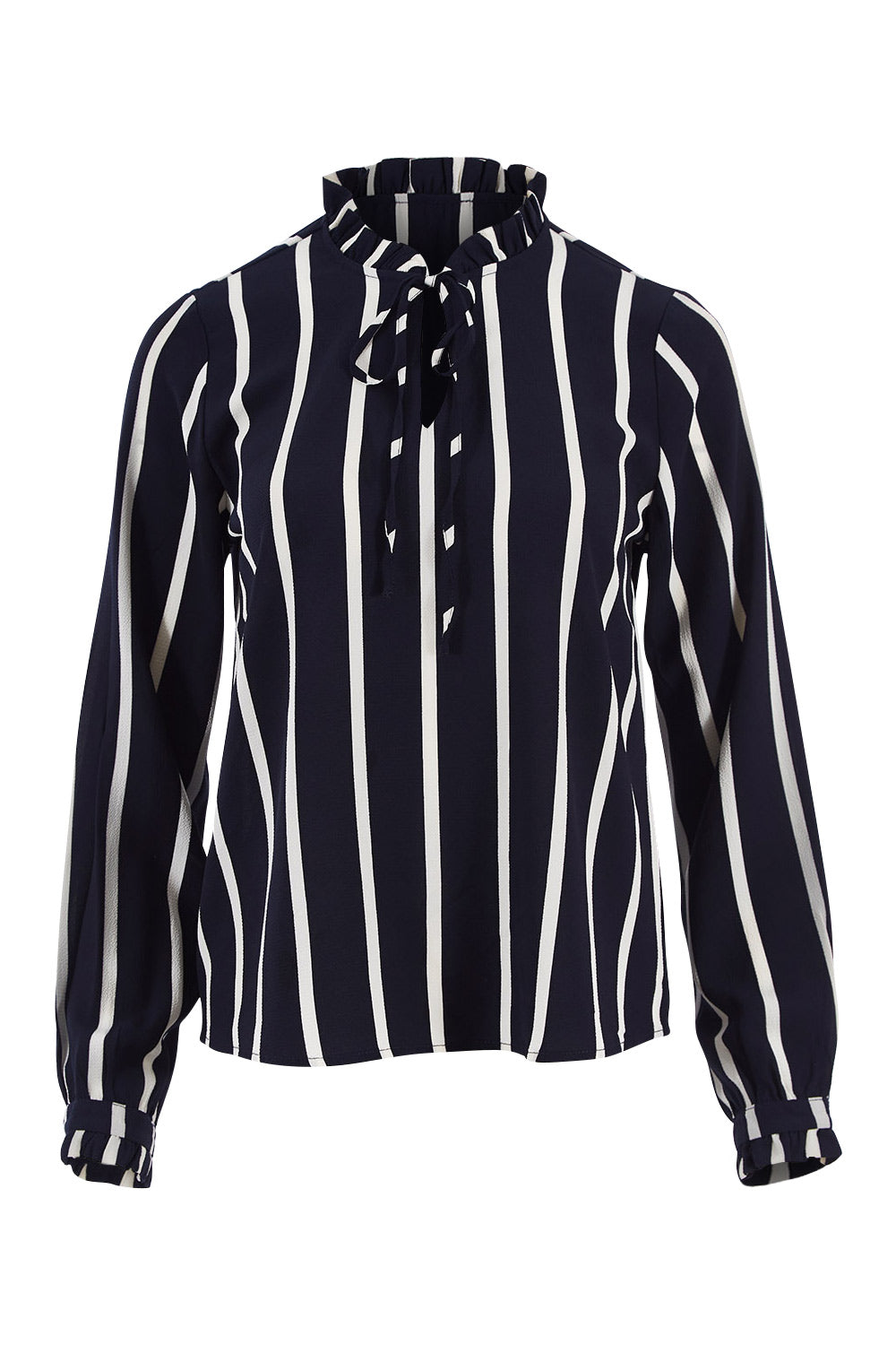 Product shot of the Nova Lux Long Sleeve Tie Top in colour AidaStripe (Black), from the front