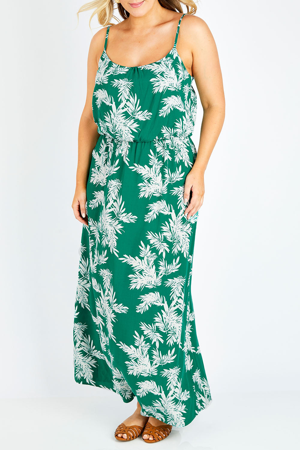 Model Jess wearing the Strap Maxi Dress in colour Summerpalm (Green), from the front, cropped image