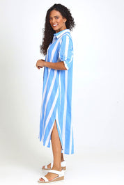 Model Pamelar wearing size 10 of the Long Buttonthrough Dress – Blue in colour Blue, from the front