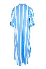 Product shot of the Long Buttonthrough Dress – Blue in colour Blue, from the back