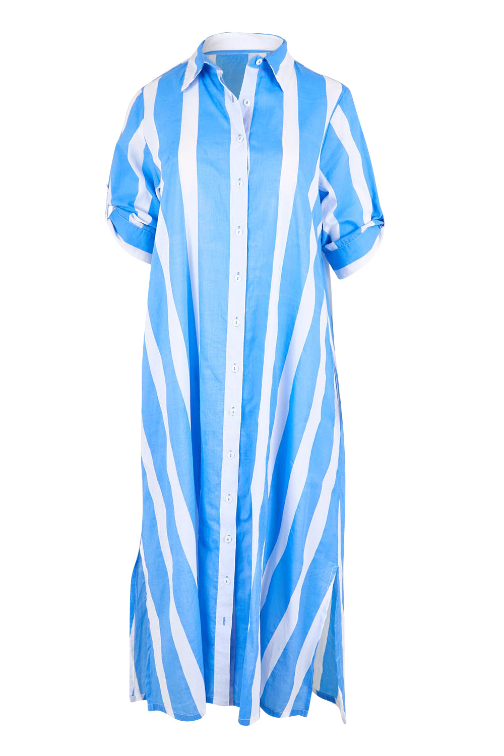 Product shot of the Long Buttonthrough Dress – Blue in colour Blue, showing detail