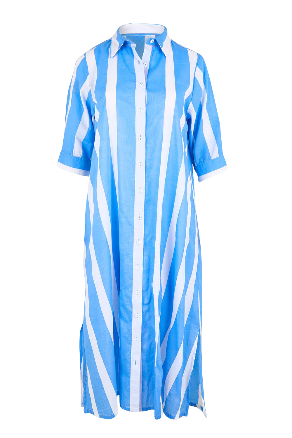 Product shot of the Long Buttonthrough Dress – Blue in colour Blue, from the front