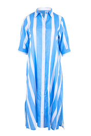 Product shot of the Long Buttonthrough Dress – Blue in colour Blue, from the front
