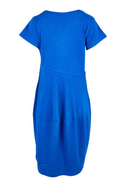 Product shot of the Essentials Bubble Cotton Knit Dress - Blue in colour Blue, from the back