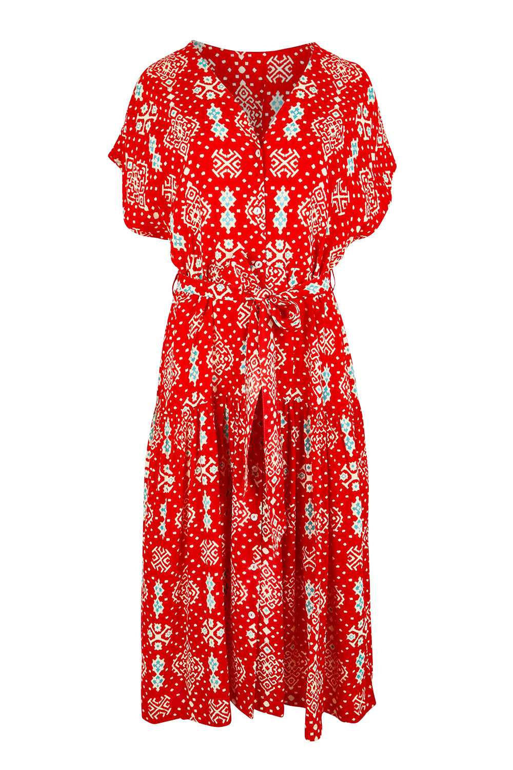 Product shot of the V-Neck Button Through Dress – Print in colour Print, from the front