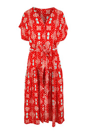 Product shot of the V-Neck Button Through Dress – Print in colour Print, from the front