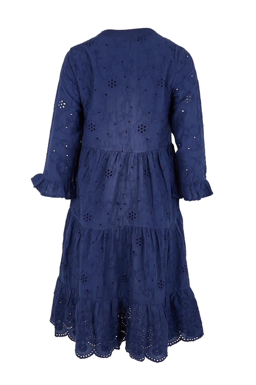 Product shot of the Essentials Broderie Frill Hem And Sleeves Dress - Navy in colour Navy, from the back