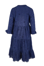 Product shot of the Essentials Broderie Frill Hem And Sleeves Dress - Navy in colour Navy, from the back