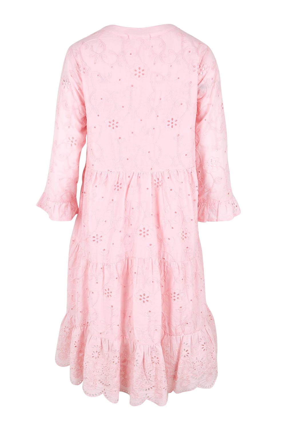 Product shot of the Essentials Broderie Frill Hem and Sleeves Dress - Pink in colour Pink, from the back