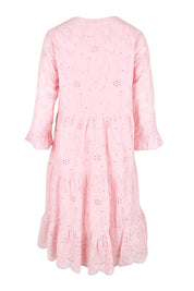 Product shot of the Essentials Broderie Frill Hem and Sleeves Dress - Pink in colour Pink, from the back